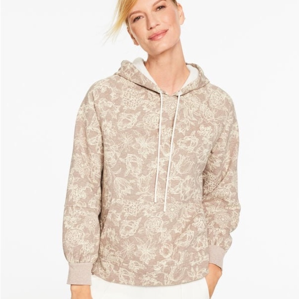 T by Talbots Beige Floral Cozy Fleece Hoodie Small NWT